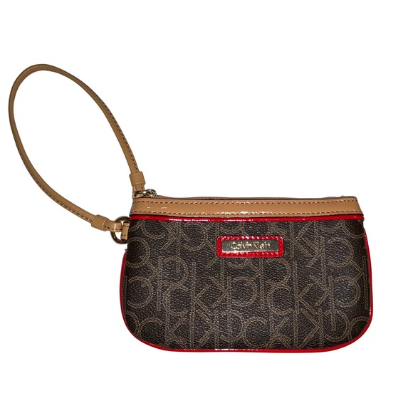 Calvin Klein Wristlet Brown Logo Print Red‎ Trim Small Zip Pouch - Picture 1 of 3